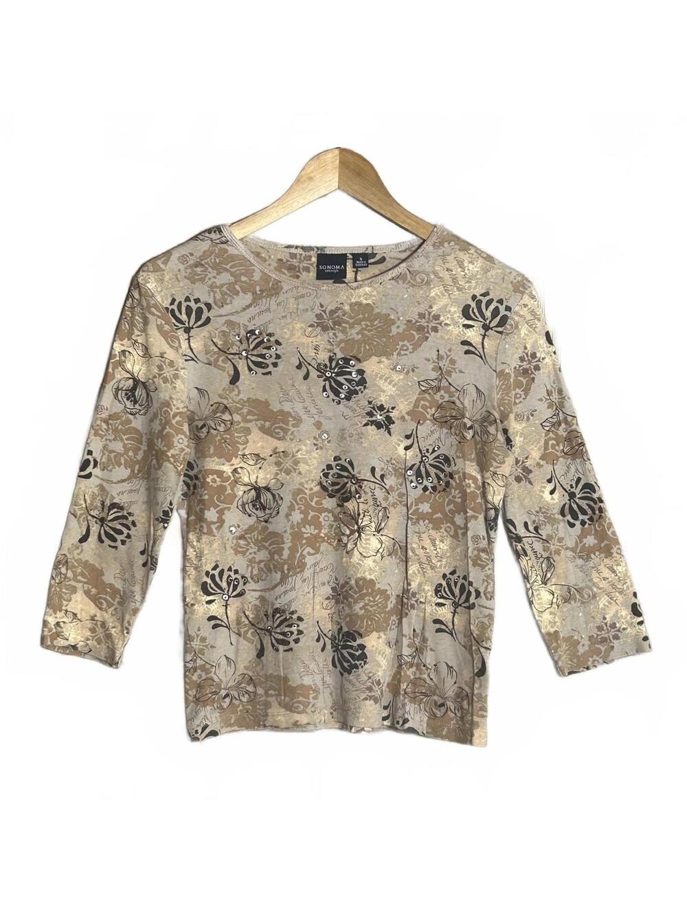 Sonoma Goods for Life Women’s Floral Knit Top Beige Brown 3/4 Sleeve Small Boho